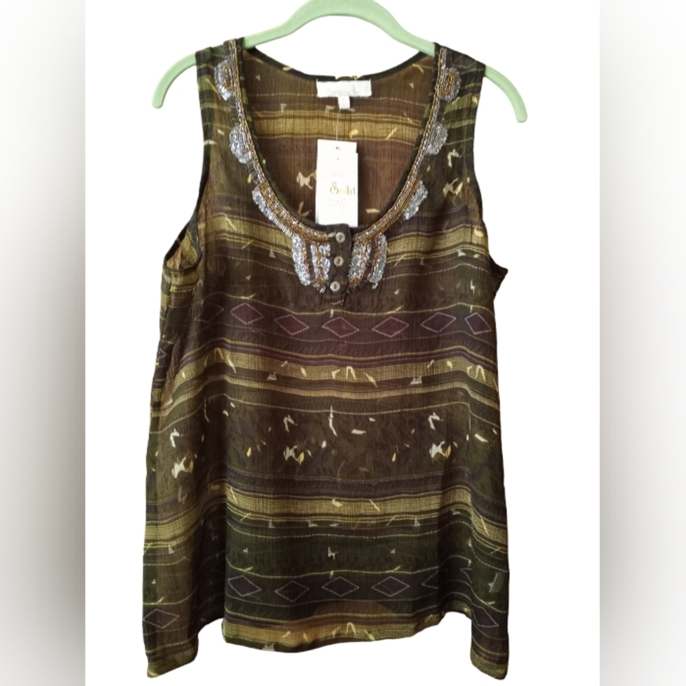 Solitaire Sheer Olive Multicolor Boho Print Pullover Beaded Neckline Top Large